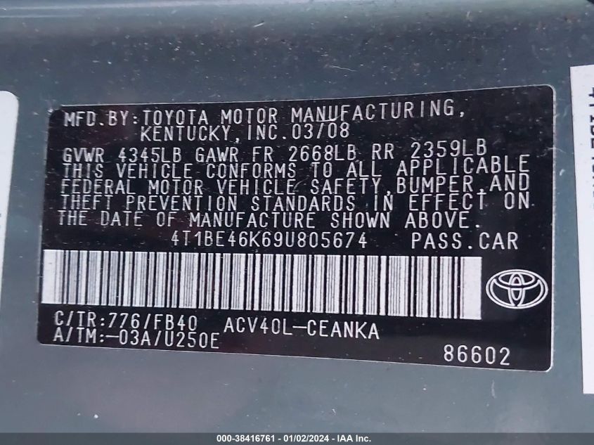 4T1BE46K69U805674 2009 Toyota Camry Le