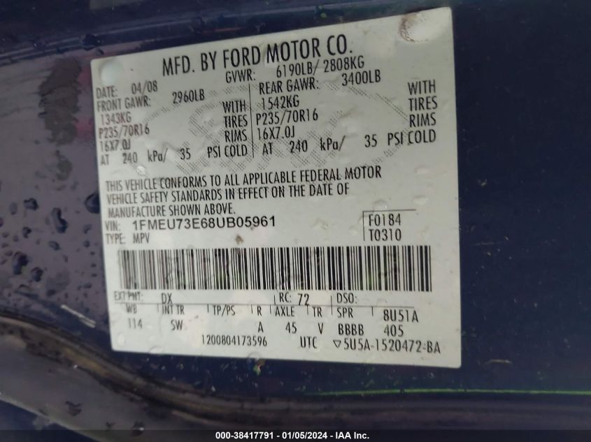 1FMEU73E68UB05961 2008 Ford Explorer Xlt