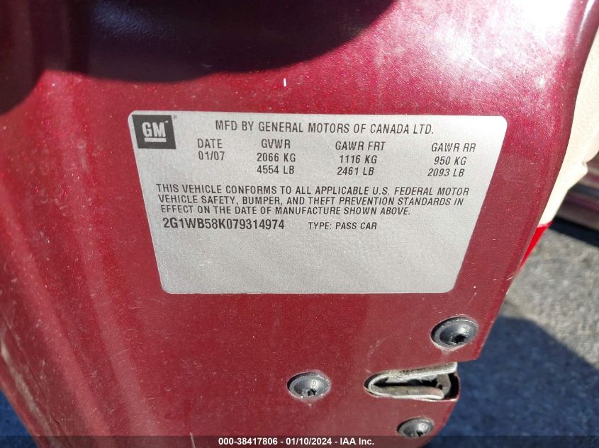 2007 Chevrolet Impala Ls VIN: 2G1WB58K079314974 Lot: 38417806
