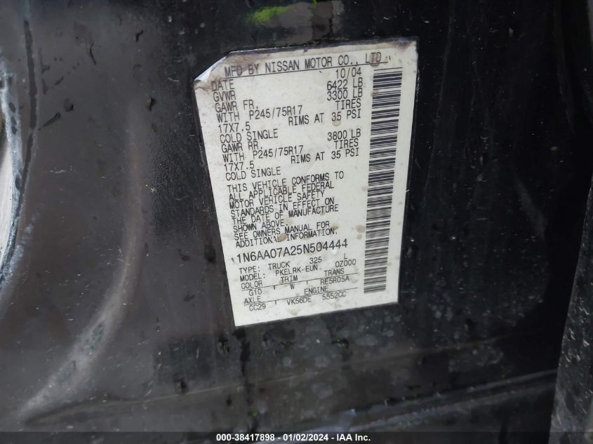 2005 Nissan Titan Xe VIN: 1N6AA07A25N504444 Lot: 39443456