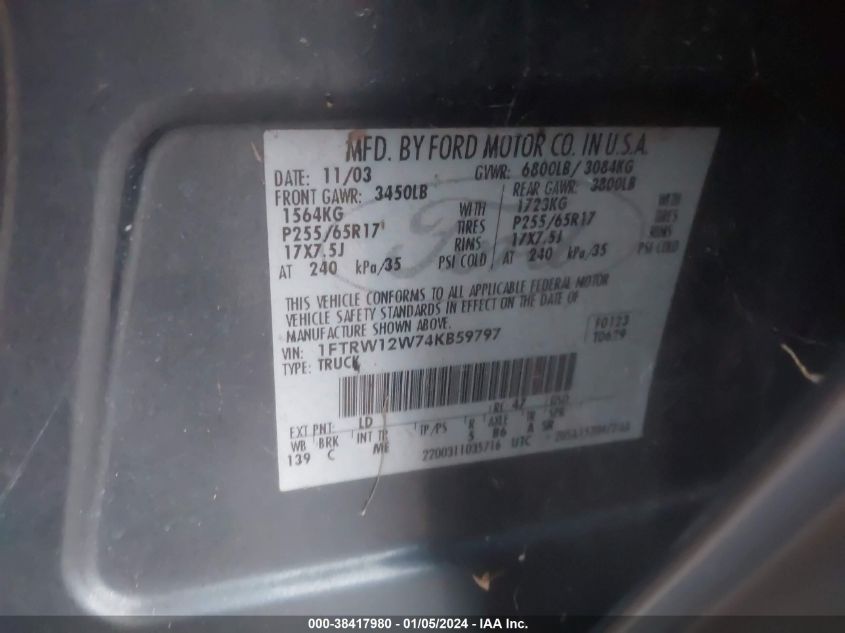 1FTRW12W74KB59797 2004 Ford F-150 Xlt