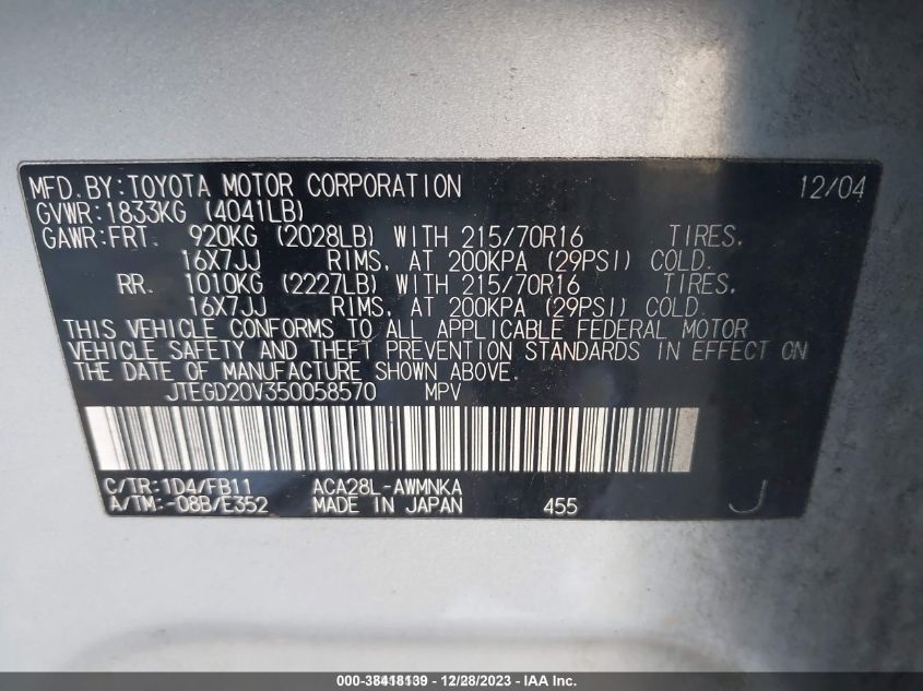 2005 Toyota Rav4 VIN: JTEGD20V350058570 Lot: 38418139