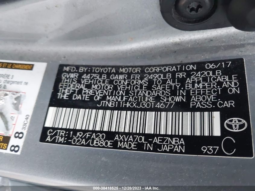 JTNB11HKXJ3014677 2018 Toyota Camry Le