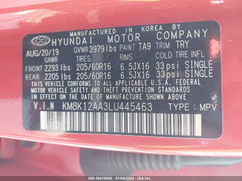 KM8K12AA3LU445463 2020 Hyundai Kona Se