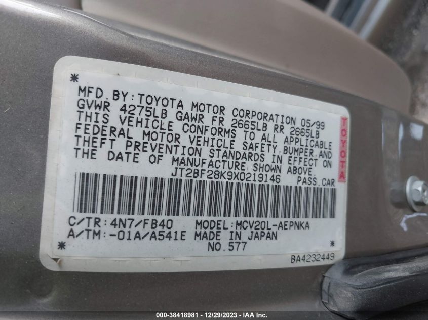 JT2BF28K9X0219146 1999 Toyota Camry Le V6