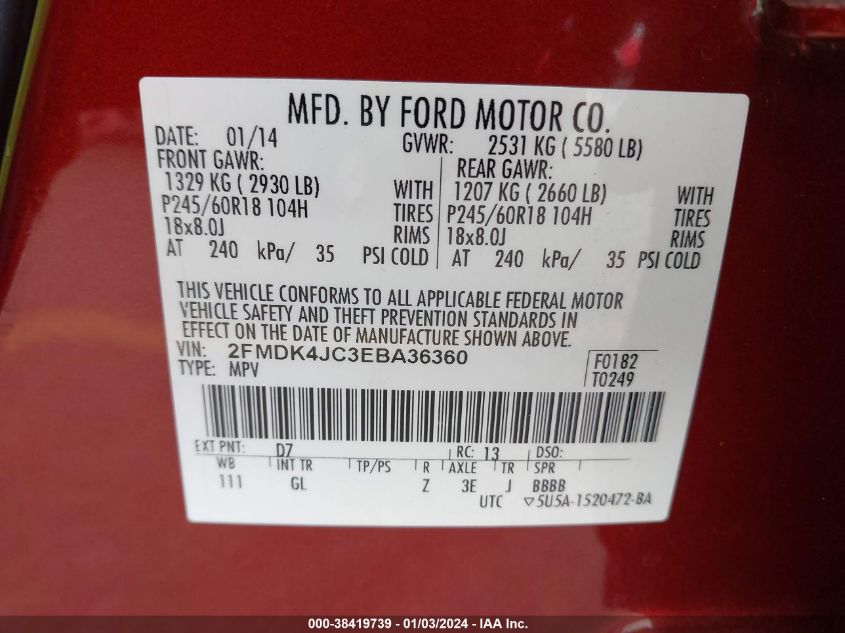 2FMDK4JC3EBA36360 2014 Ford Edge Sel