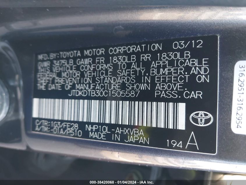 JTDKDTB30C1505587 2012 Toyota Prius C One