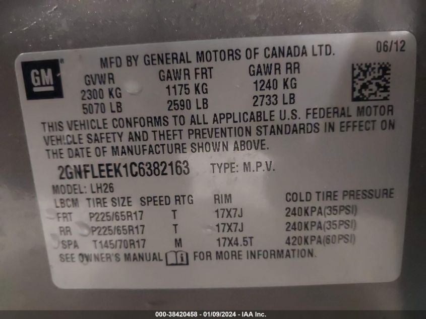 2012 Chevrolet Equinox 1Lt VIN: 2GNFLEEK1C6382163 Lot: 38420458