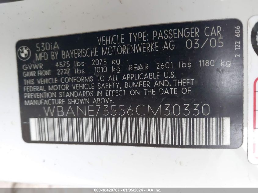 WBANE73556CM30330 2006 BMW 530I