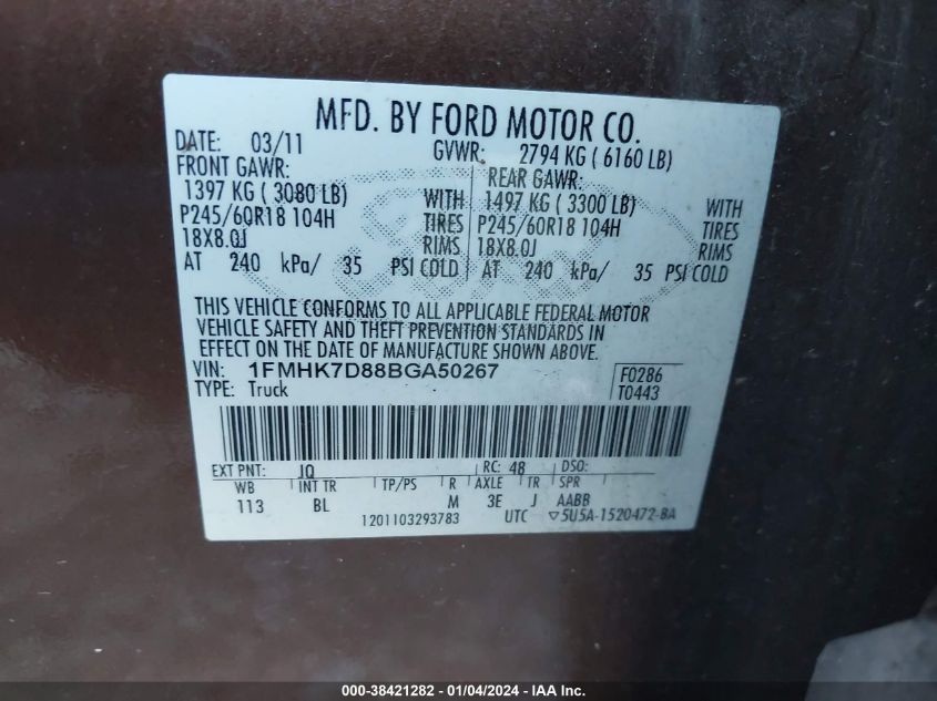 1FMHK7D88BGA50267 2011 Ford Explorer Xlt