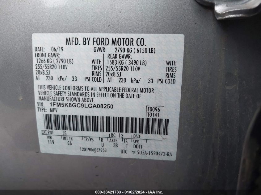 1FM5K8GC9LGA08250 2020 Ford Explorer St