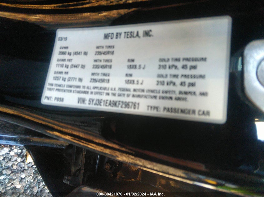 Image 9 of 2019 Tesla Model 3  salvage vehicle - Lot #38421870 at IAAI