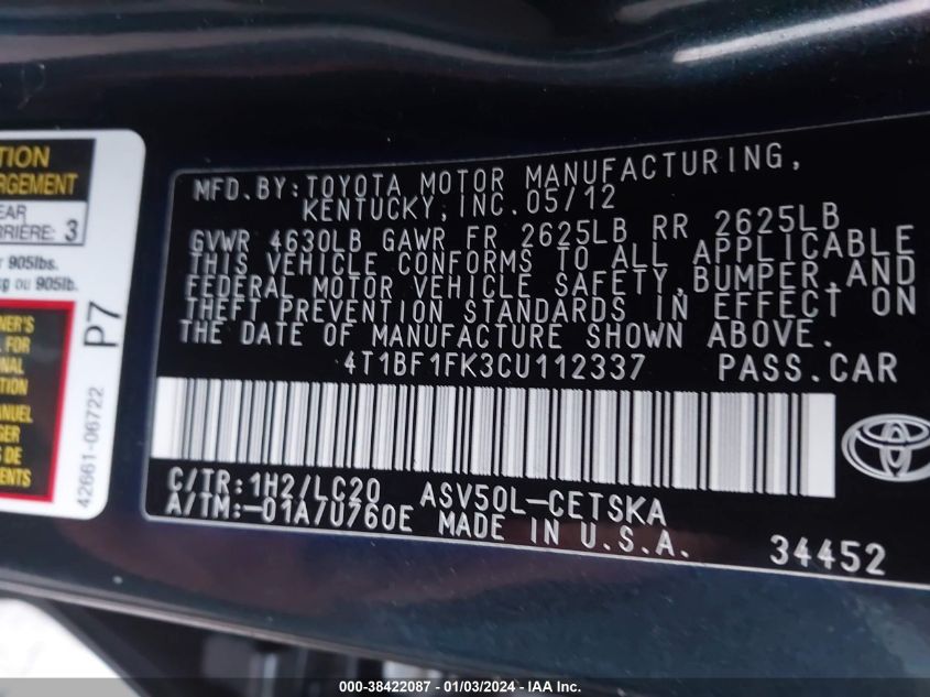 4T1BF1FK3CU112337 2012 Toyota Camry Se