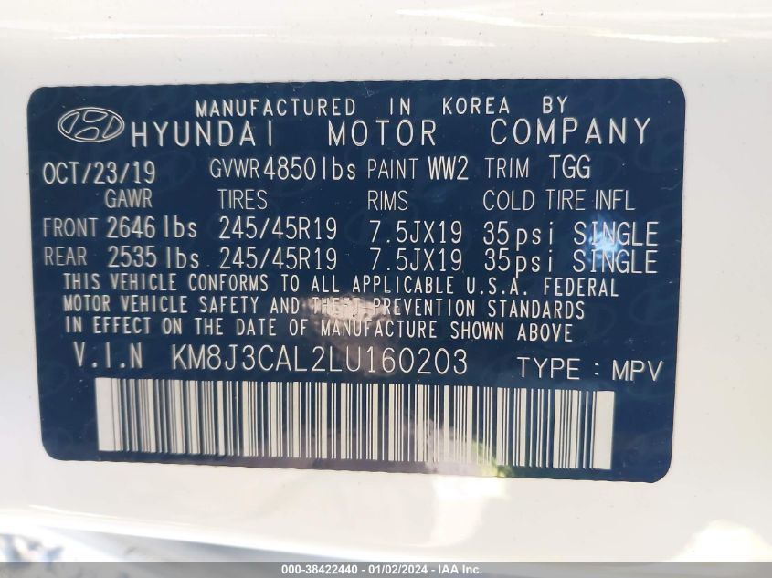 KM8J3CAL2LU160203 2020 Hyundai Tucson Sport