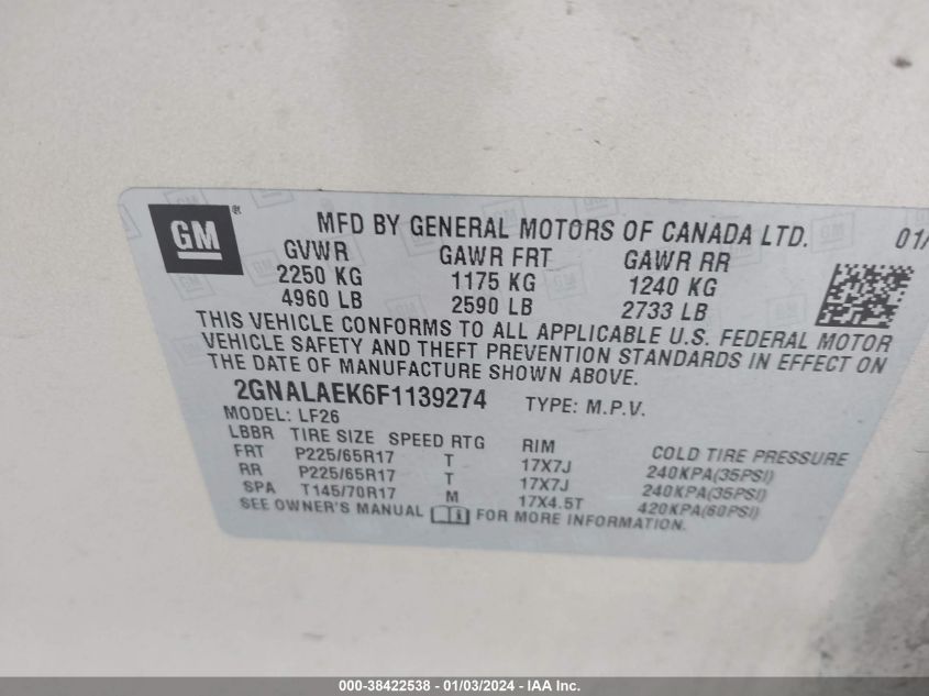 2GNALAEK6F1139274 2015 Chevrolet Equinox Ls