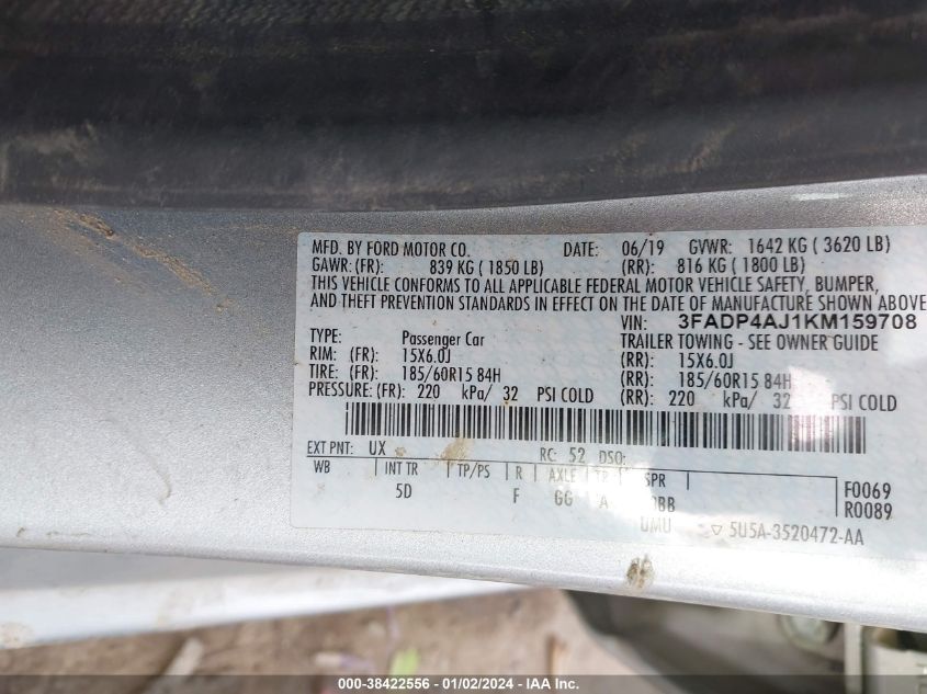 2019 Ford Fiesta S VIN: 3FADP4AJ1KM159708 Lot: 38422556