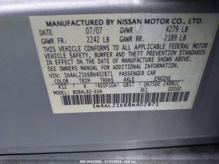 1N4AL21E68N402871 2008 Nissan Altima 2.5 S