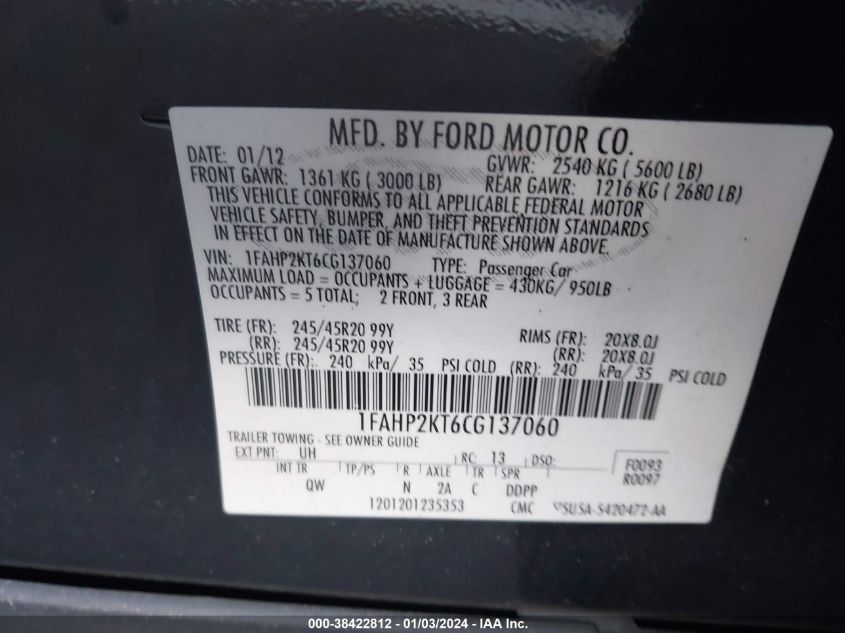 1FAHP2KT6CG137060 2012 Ford Taurus Sho