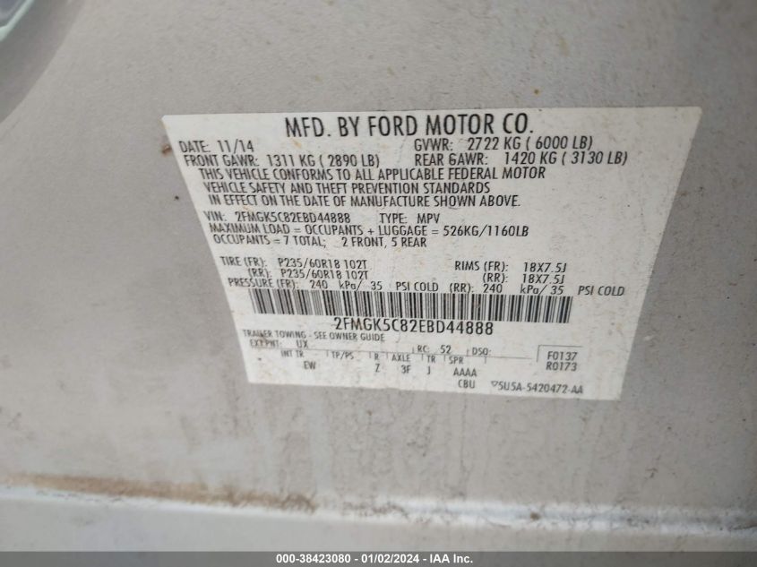 2FMGK5C82EBD44888 2014 Ford Flex Sel