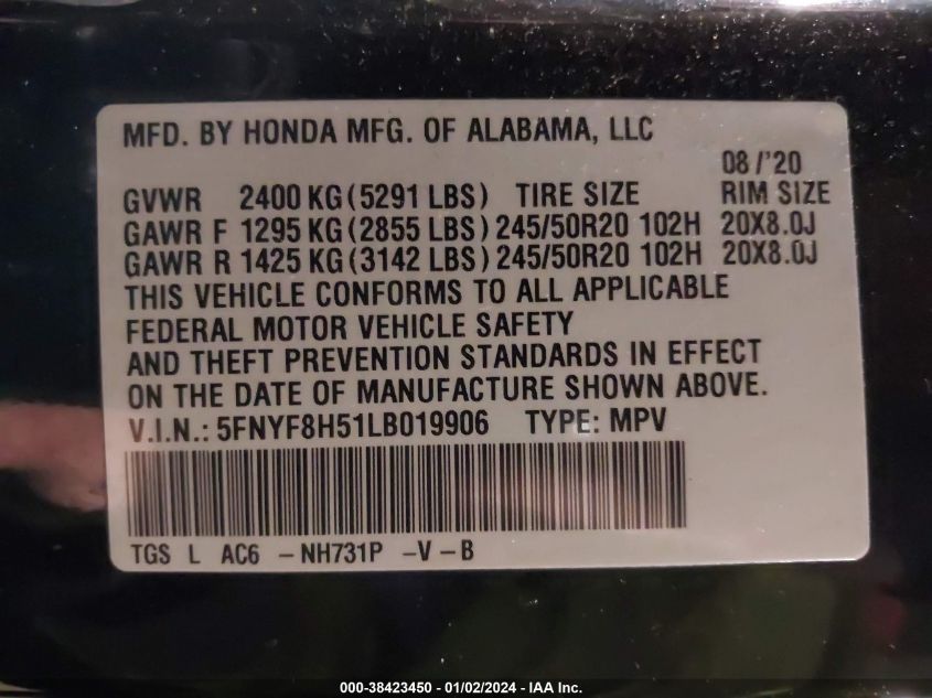 5FNYF8H51LB019906 2020 Honda Passport Awd Ex-L