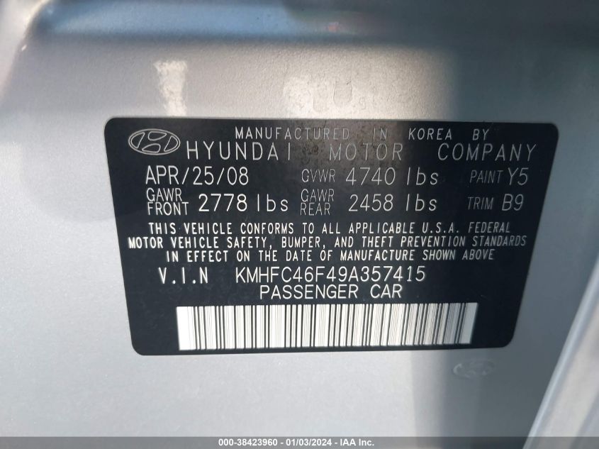 KMHFC46F49A357415 2009 Hyundai Azera Limited