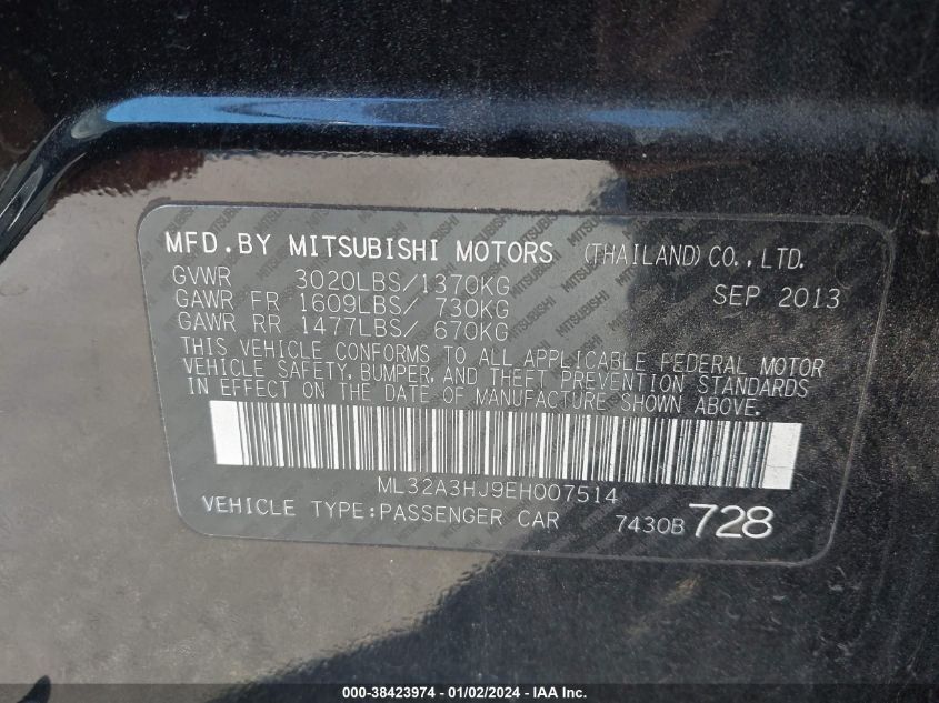 ML32A3HJ9EH007514 2014 Mitsubishi Mirage De