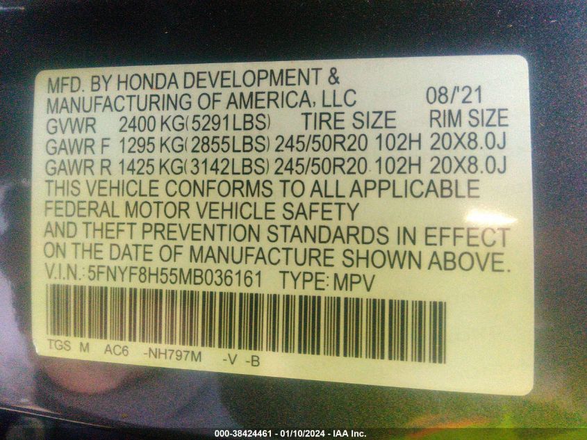 2021 Honda Passport Awd Ex-L VIN: 5FNYF8H55MB036161 Lot: 38424461