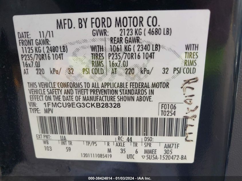 2012 Ford Escape Limited VIN: 1FMCU9EG3CKB28328 Lot: 38424814