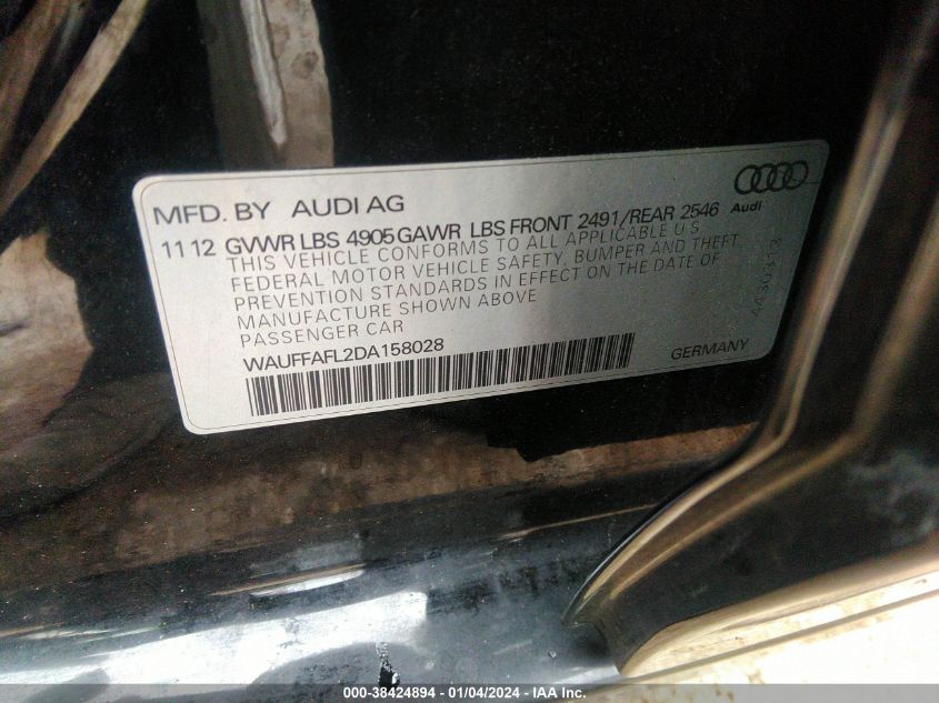 WAUFFAFL2DA158028 2013 Audi A4 2.0T Premium