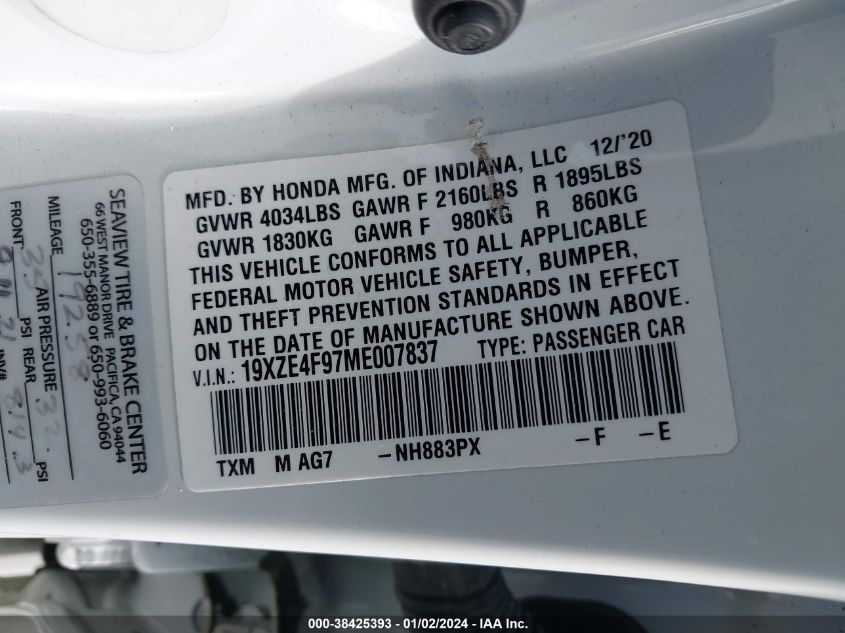 19XZE4F97ME007837 2021 Honda Insight Touring