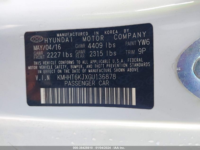 KMHHT6KJXGU136878 2016 Hyundai Genesis 3.8 Base