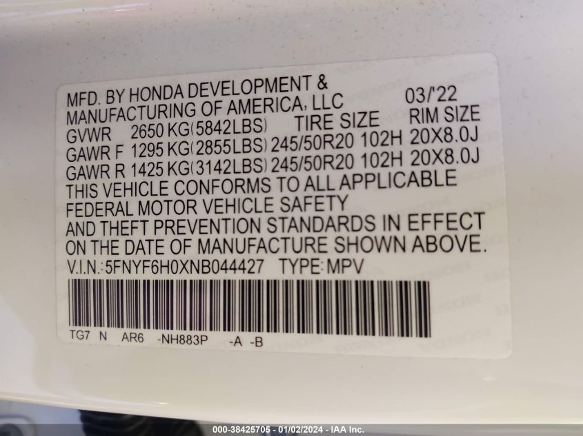 2022 Honda Pilot Awd Elite VIN: 5FNYF6H0XNB044427 Lot: 38425705