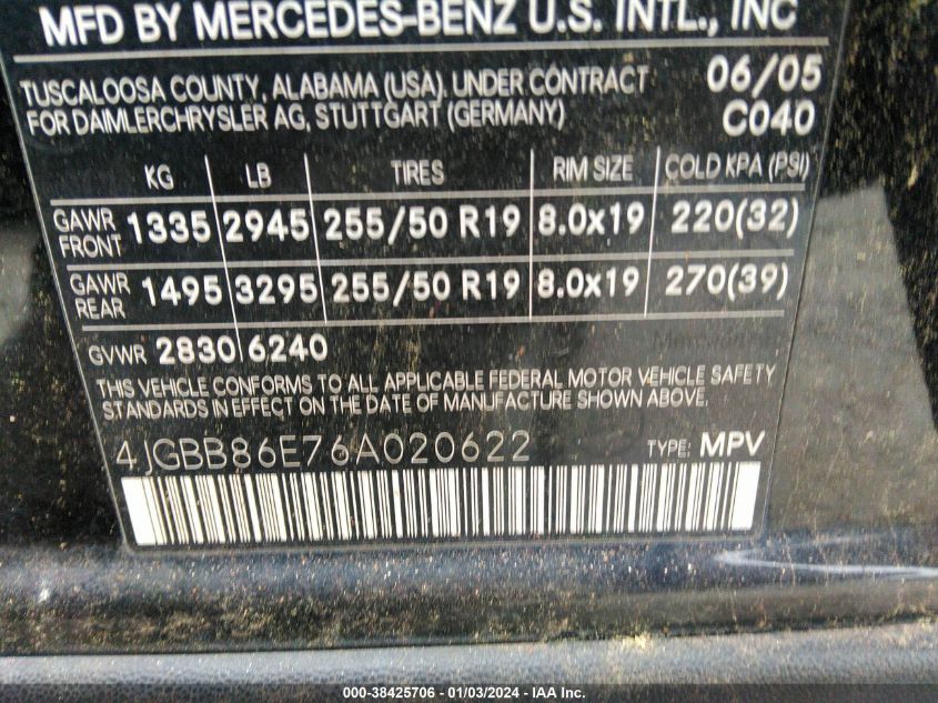 4JGBB86E76A020622 2006 Mercedes-Benz Ml 350 4Matic