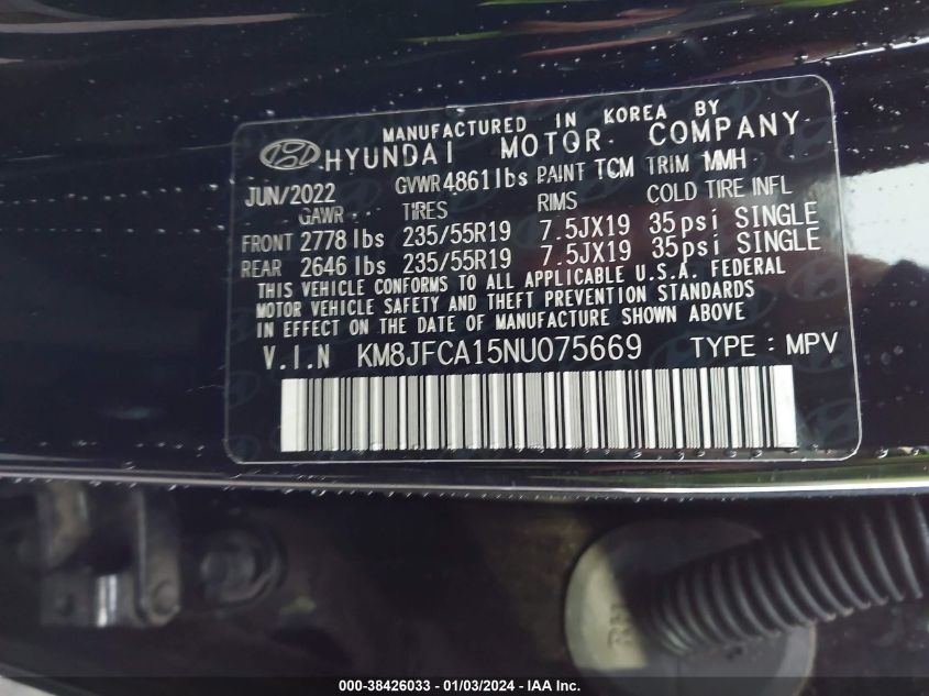 KM8JFCA15NU075669 2022 Hyundai Tucson Hybrid Sel Convenience