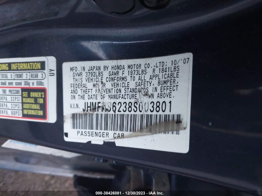 JHMFA36238S003801 2008 Honda Civic Hybrid