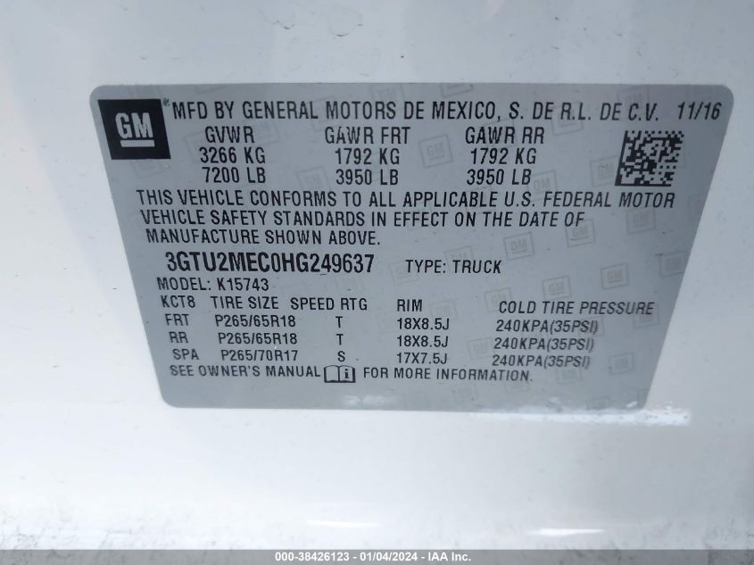 3GTU2MEC0HG249637 2017 GMC Sierra 1500 Sle