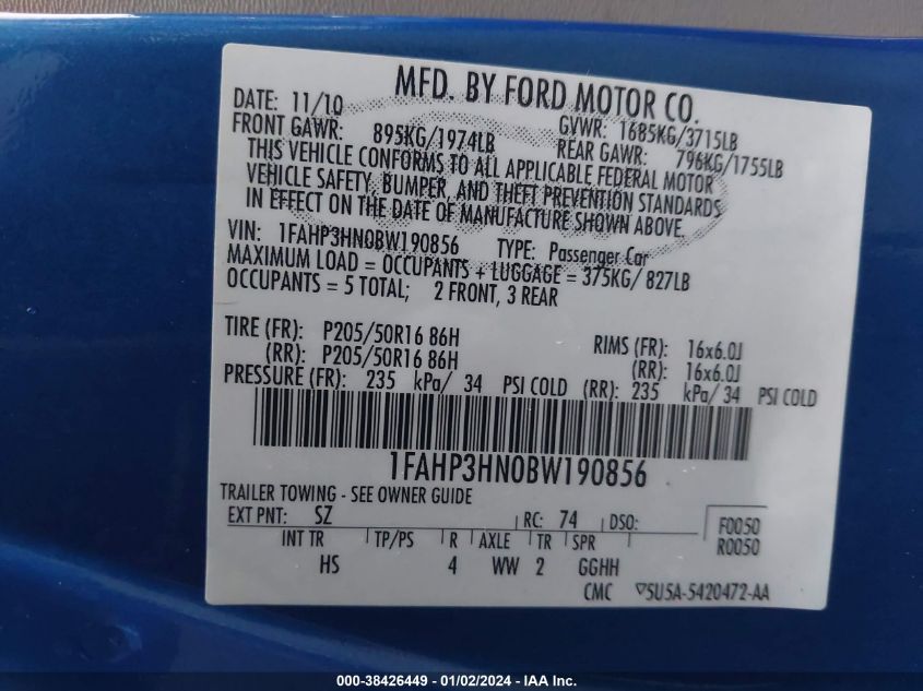 2011 Ford Focus Sel VIN: 1FAHP3HN0BW190856 Lot: 38426449