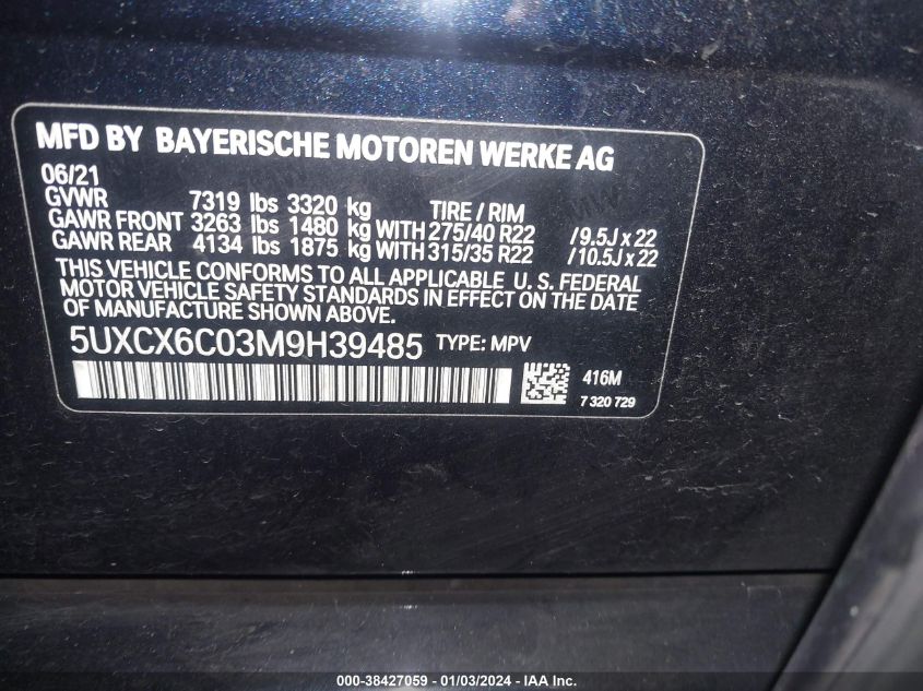 5UXCX6C03M9H39485 2021 BMW X7 M50I