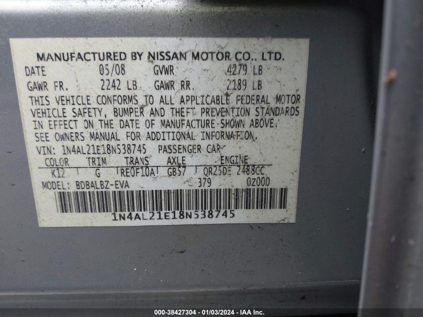 1N4AL21E18N538745 2008 Nissan Altima 2.5 S