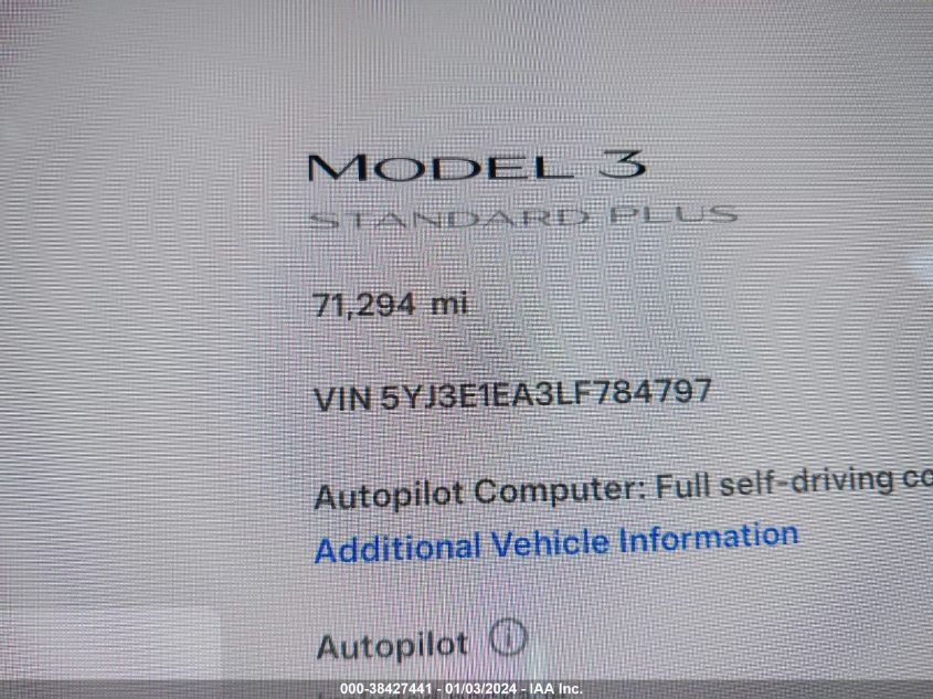 5YJ3E1EA3LF784797 2020 Tesla Model 3