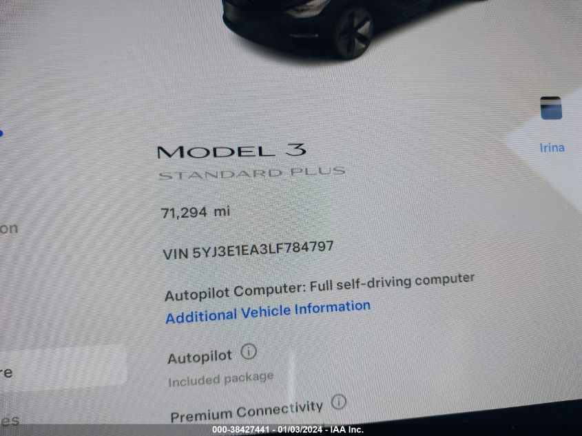 5YJ3E1EA3LF784797 2020 Tesla Model 3