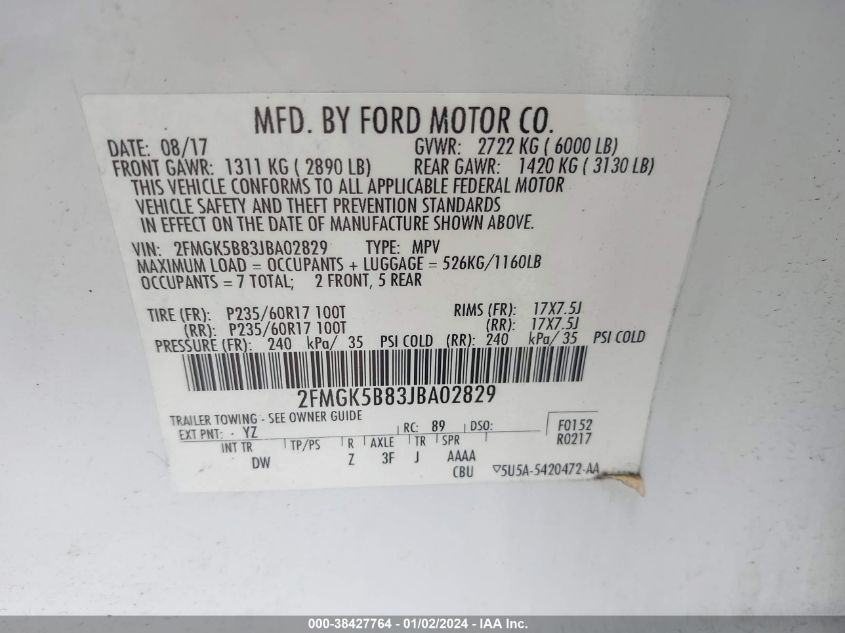 2FMGK5B83JBA02829 2018 Ford Flex Se