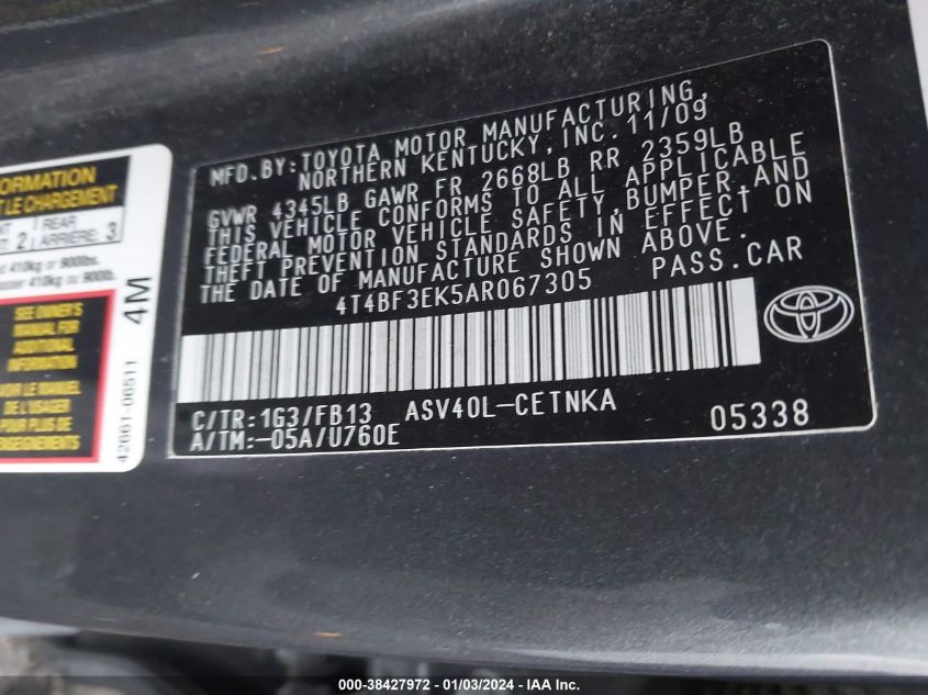 4T4BF3EK5AR067305 2010 Toyota Camry Le