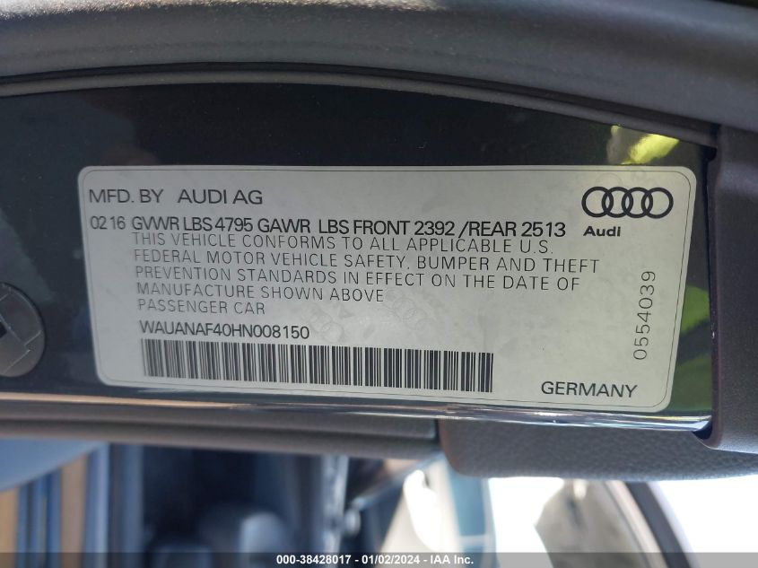 WAUANAF40HN008150 2017 Audi A4 2.0T Premium