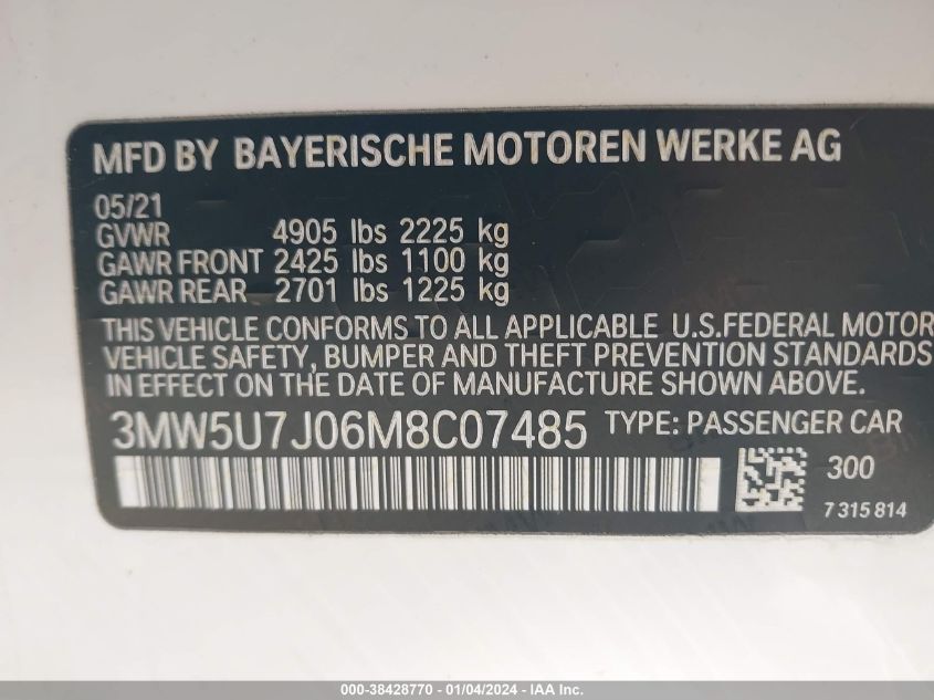 3MW5U7J06M8C07485 2021 BMW 3 Series M340I