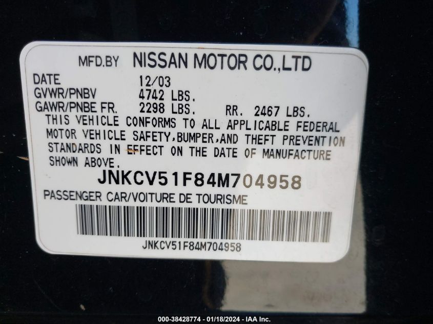 JNKCV51F84M704958 2004 Infiniti G35X