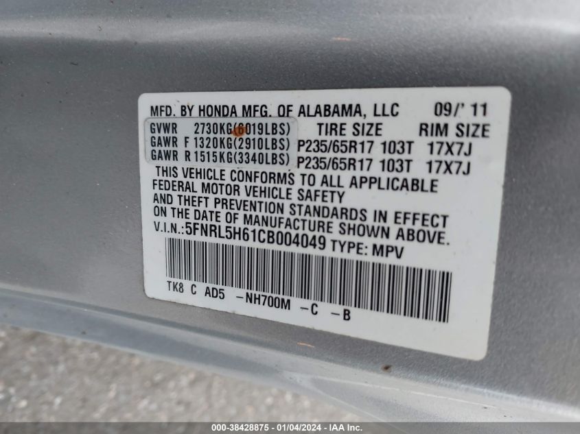 2012 Honda Odyssey Ex-L VIN: 5FNRL5H61CB004049 Lot: 40295996