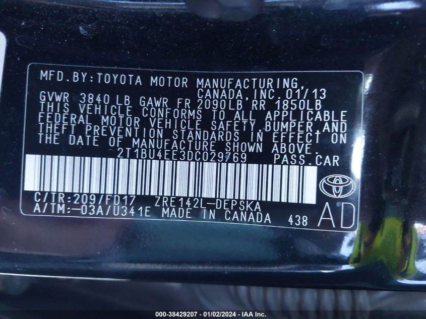 2T1BU4EE3DC029769 2013 Toyota Corolla S