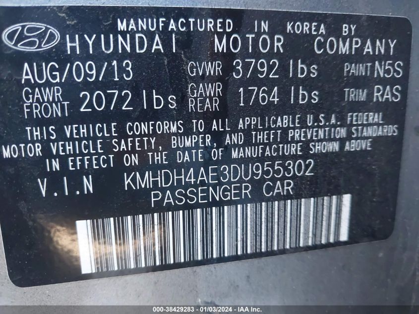 2013 Hyundai Elantra Gls (Ulsan Plant) VIN: KMHDH4AE3DU955302 Lot: 38429283