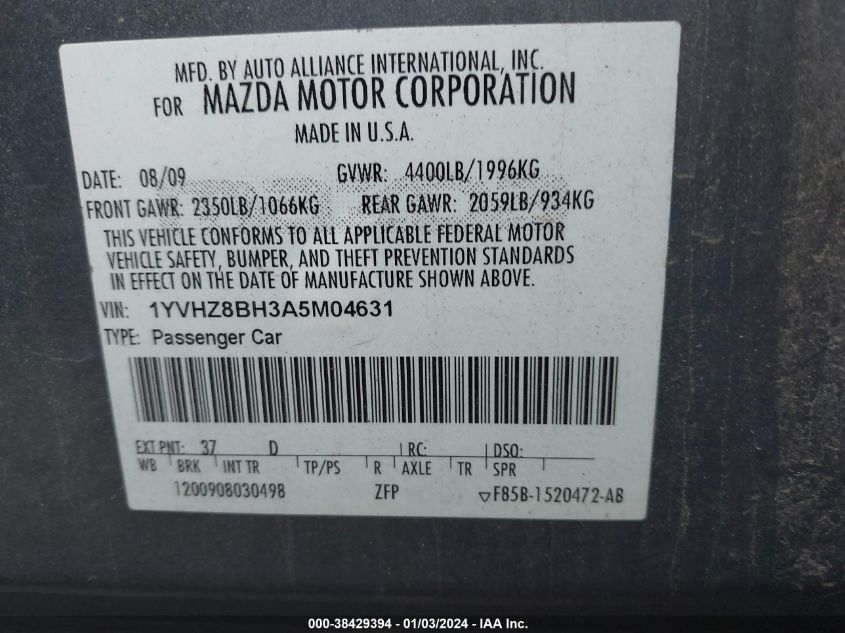 2010 Mazda Mazda6 I Sport VIN: 1YVHZ8BH3A5M04631 Lot: 38429394